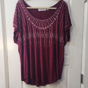 Tempted Hearts Maroon Studded Short Sleeve Top 3X